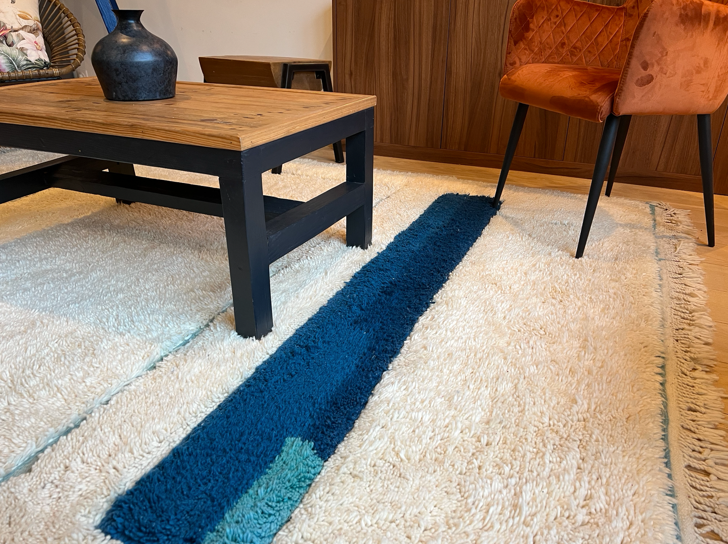 Tapis Beni Ouarain Crème et bleu