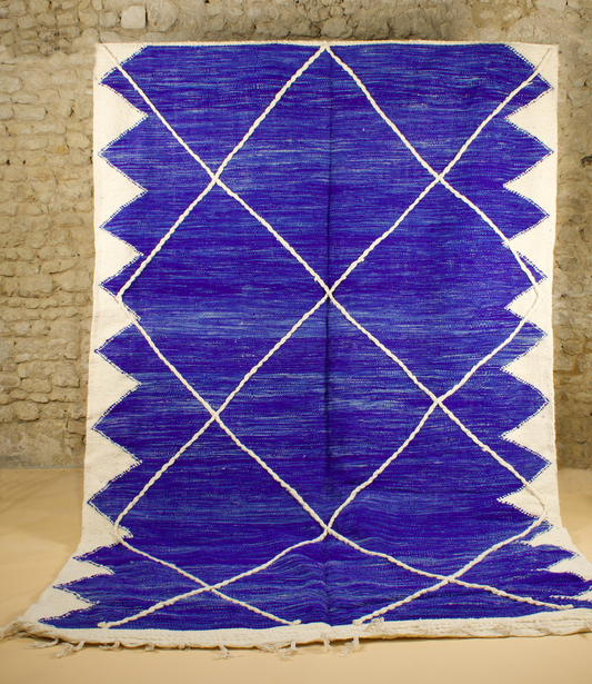Tapis Kilim Zanafi Bleu – Motif Losanges en Corde Blanche (3x2m)